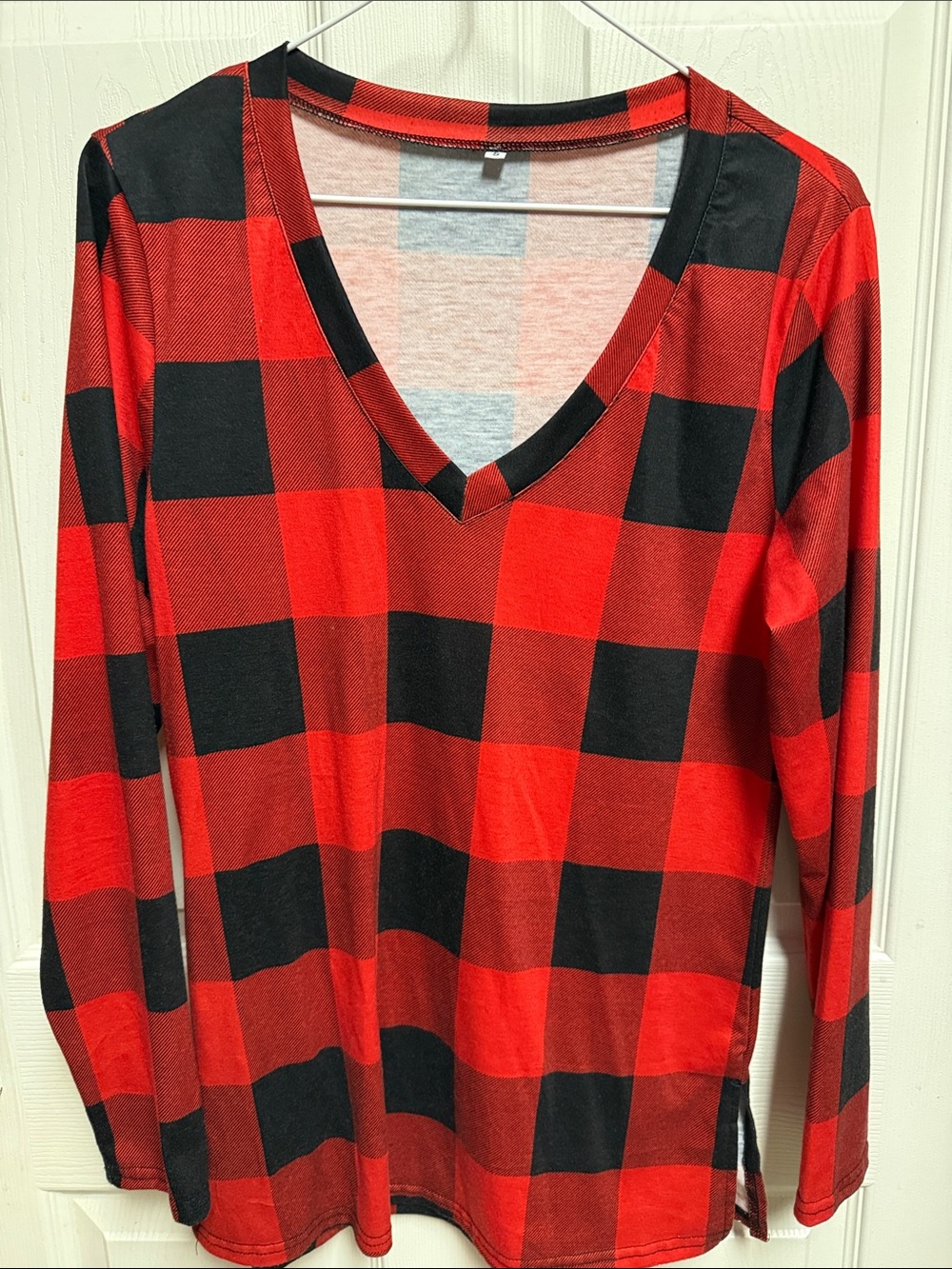 Red and Black Buffalo Plaid V-Neck Long Sleeve Top